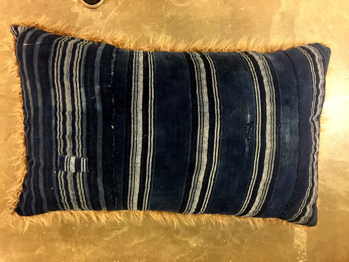 24 x 40 INDIGO AND MUD CLOTH PILLOWS BACKED WITH FAUX FUR