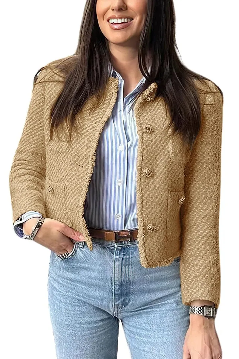 Chouyatou Women's Fall Business Casual Tweed Jacket Button Down Fringed Tassel Office Work Blazer Coat