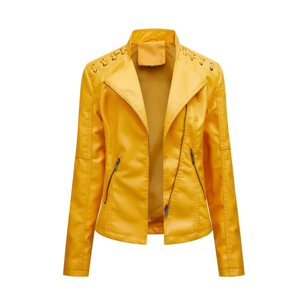 Faux Leather Jacket Women's Slim Vintage Zipper Short Coats Turn-Down Collar